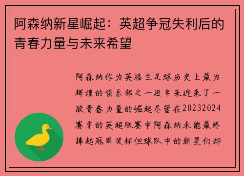 阿森纳新星崛起：英超争冠失利后的青春力量与未来希望