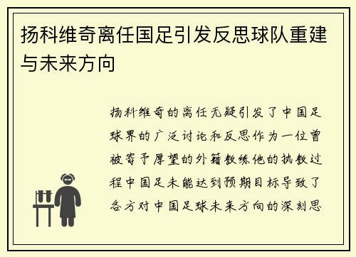 扬科维奇离任国足引发反思球队重建与未来方向