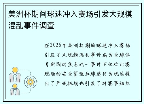 美洲杯期间球迷冲入赛场引发大规模混乱事件调查
